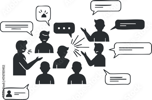 Illustration depicting a group of people engaged in a lively discussion with speech bubbles.