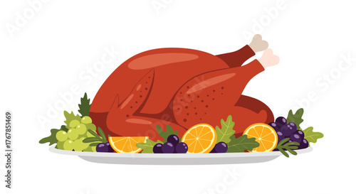 A delicious roasted turkey centerpiece surrounded by grapes, oranges and leafy greens on a platter.