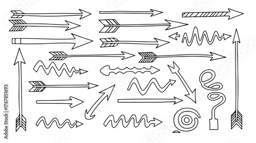 A diverse collection of hand-drawn sketchy arrows in various shapes and styles on a white background.