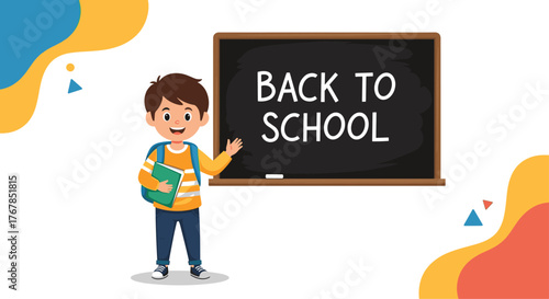 Illustration of a happy boy standing next to a blackboard with 'Back to School' written on it, ideal for educational materials.