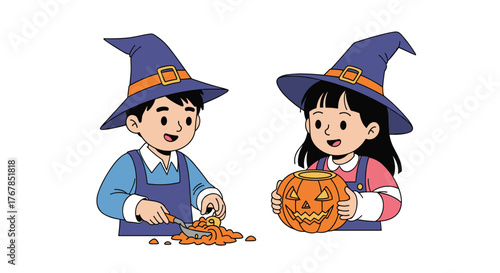 Children carving pumpkins while wearing witch hats, a fun Halloween tradition done together.
