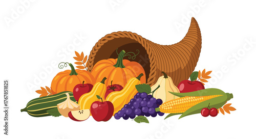 A vibrant autumn cornucopia overflowing with a bountiful harvest of seasonal fruits, vegetables, and gourds, celebrating Thanksgiving and fall abundance.