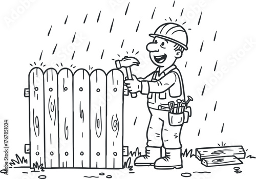 A cartoon worker constructs a wooden fence in the rain, showcasing outdoor building activities.