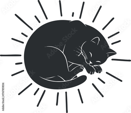A minimalist illustration of a sleeping black cat surrounded by radiant lines.