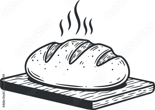 A freshly baked loaf of bread on a wooden cutting board with steam rising.