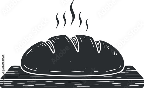 A freshly baked loaf of bread steaming on a wooden cutting board.