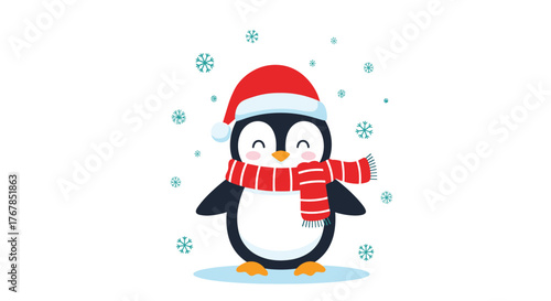 Cute cartoon penguin wearing a Santa hat and a scarf stands on a light blue surface surrounded by snowflakes, adding a festive touch.