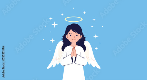 A serene illustration of an angel, complete with wings, halo, and hands clasped in prayer, set against a calming blue backdrop, radiating peace and hope.