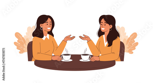 Two cheerful young women are having a lively conversation over coffee at a cafe table, gesturing happily during their friendly discussion.
