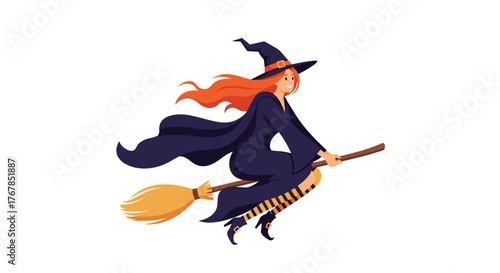 A cartoon witch with red hair flies on a broomstick, smiling, wearing a dark blue cloak and hat, perfect for Halloween designs, cards, and invitations.