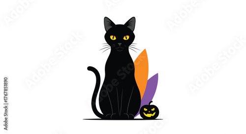A stylized black cat with bright yellow eyes sits beside a cheerful jack-o'-lantern and abstract autumn leaves, perfect for Halloween designs.
