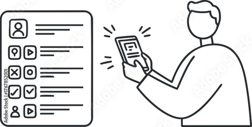 Illustration of a person interacting with a smartphone and a digital profile list.