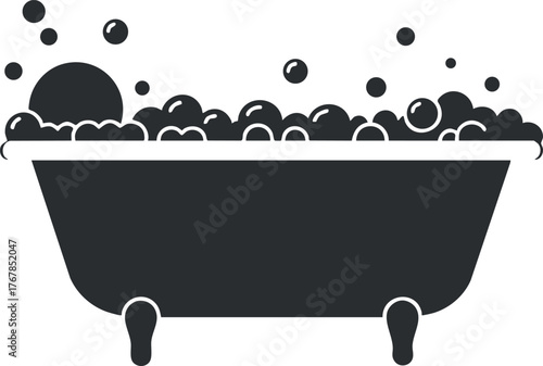 A silhouette of a bathtub filled with bubbles representing relaxation and hygiene.