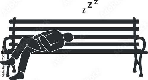 A silhouette of a man sleeping peacefully on a park bench during the day.