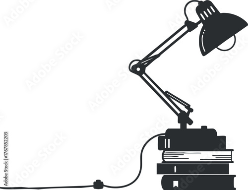 A stylish desk lamp on a stack of books, perfect for reading and studying.