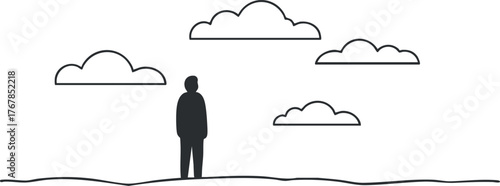 A silhouette of a person standing alone in a minimalistic landscape with clouds in the sky.