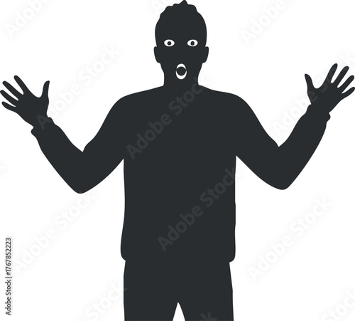 A surprised person with raised arms and an open mouth expressing shock and excitement