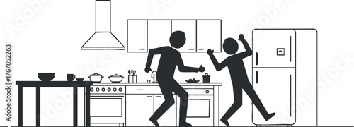 Two silhouettes dancing and enjoying time together in a modern kitchen setting