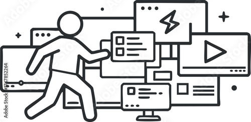 A person interacting with multiple digital screens representing technology and online communication.