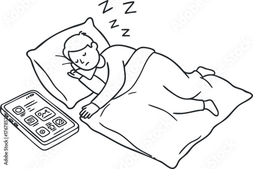 A child peacefully sleeping in bed next to a tablet displaying various apps and icons.