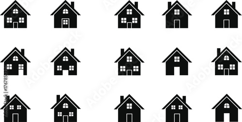 Simple black home icon vector graphic silhouette, minimal house property symbol for real estate website button, basic architecture shape element, residential mortgage design