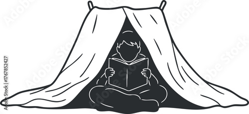 A child reading a book inside a cozy tent made of blankets, encouraging imagination and creativity.