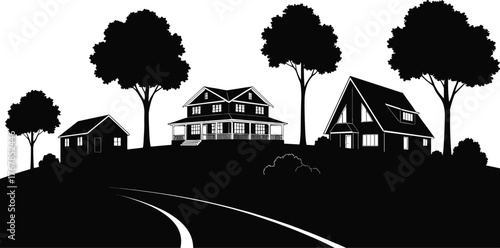 Black suburban landscape silhouette vector illustration with houses, winding road, and large trees on a hill, residential property development, rural neighborhood background graphic, real estate.