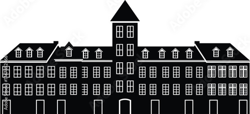 Long black silhouette of large European old town building facade, vector graphic illustration of historical city center architecture, urban property background, seamless street view, real estate.