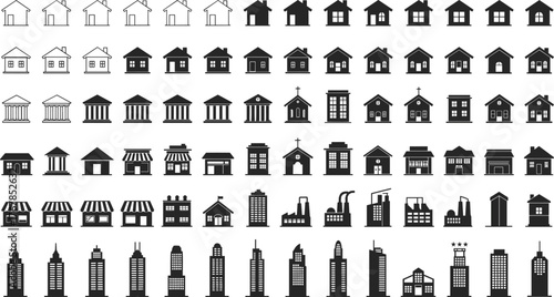 Massive building icon vector collection, residential home, commercial store, industrial factory, and city skyscraper silhouette set, urban architecture symbol library, real estate and construction.