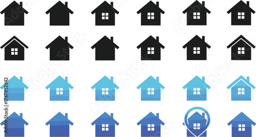 Comprehensive house icon vector set, residential property and real estate symbols, black silhouette and blue gradient flat design, home building shapes collection, housing market application logo kit.
