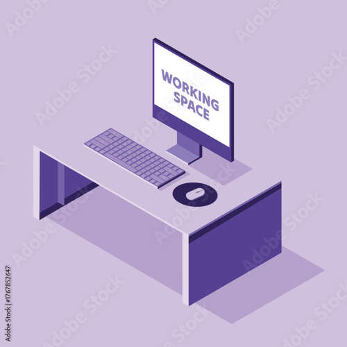 Isometric Desktop Working Space Illustration with Computer and Keyboard