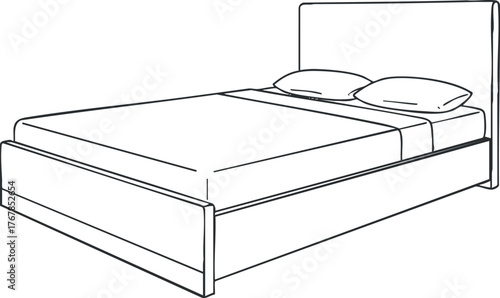 Outline illustration of a modern bed with pillows and mattress in a minimalist style