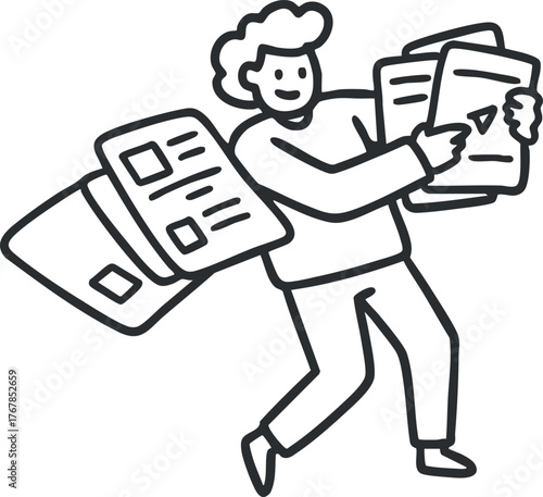 A person joyfully carrying documents and reports representing office work and productivity.