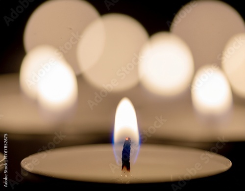 Close-up of candle flame with bokeh lights in background, warm neutral tones, calming aesthetic.