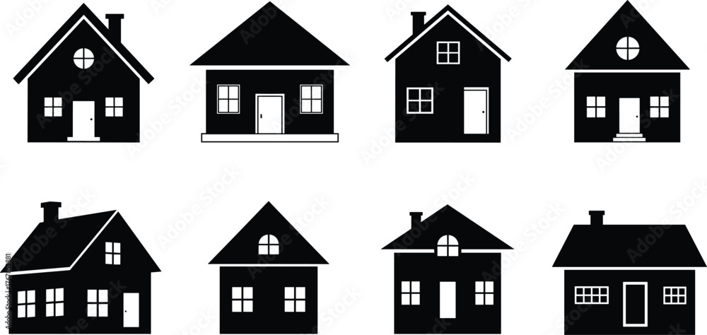 Fototapeta premium Black house silhouette vector icon set, residential property and architecture symbols, home shapes collection, real estate logo elements, simple flat graphic design for housing app, neighborhood 