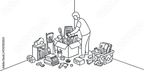 A person organizing and decluttering various items from boxes in a neat space.