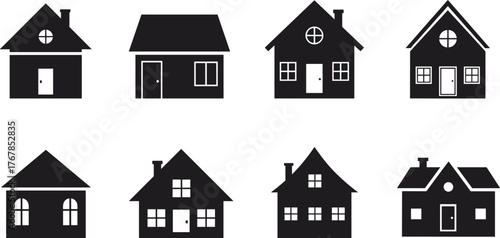 Set of black house silhouettes vector illustration, various home shapes and building facades collection, residential architecture property icon pack, real estate logo element for housing app design