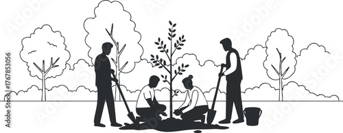 People engaging in tree planting and gardening activities in a lush outdoor setting.