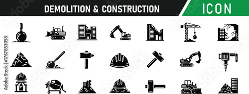 Demolition and construction icon set. Including Wrecking Ball, Hard Hat, Crane, Excavator, Dust Cloud, Sledgehammer, Bulldozer, Rubble, Safety Cone, Demolition Sign. Vector silhouette illustration