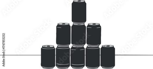 A minimalist illustration of stacked beverage cans arranged in a pyramid shape.