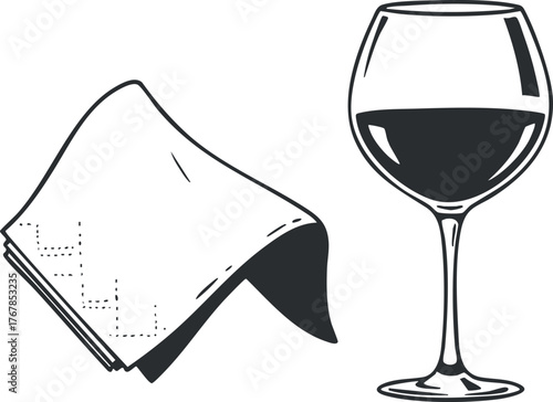 A stylish wine glass and a folded napkin on a table setting for dining.