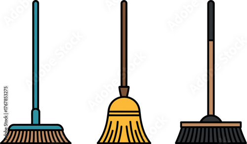 Three different brooms are lined up against a white background for cleaning.