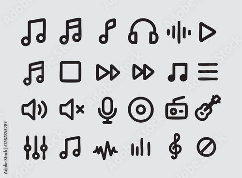 24 Music Icon Collection – Modern Black and White Vector Set for Sound, Audio, and Instrument Designs