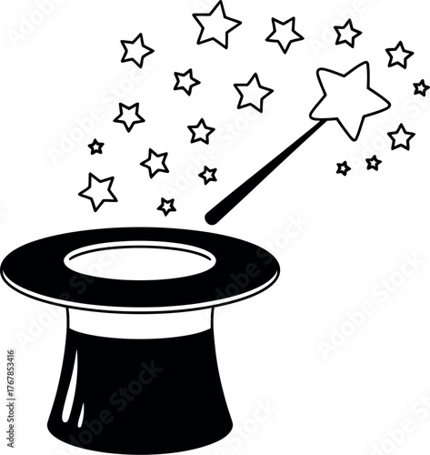 A magic wand conjures stars from a top hat in a whimsical illustration.