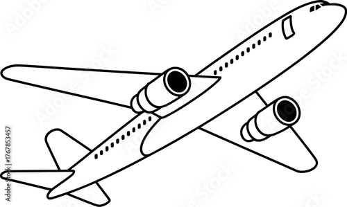 A black and white illustration of an airplane in flight, ready for travel.