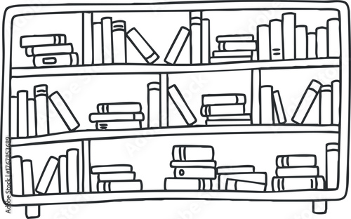A hand-drawn illustration of a bookshelf filled with various books in a minimalist style.