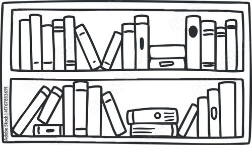 Illustration of a simple bookshelf filled with various books in black and white.