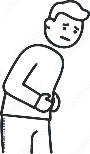 A man expressing discomfort and sadness while holding his stomach in a simplistic illustration.