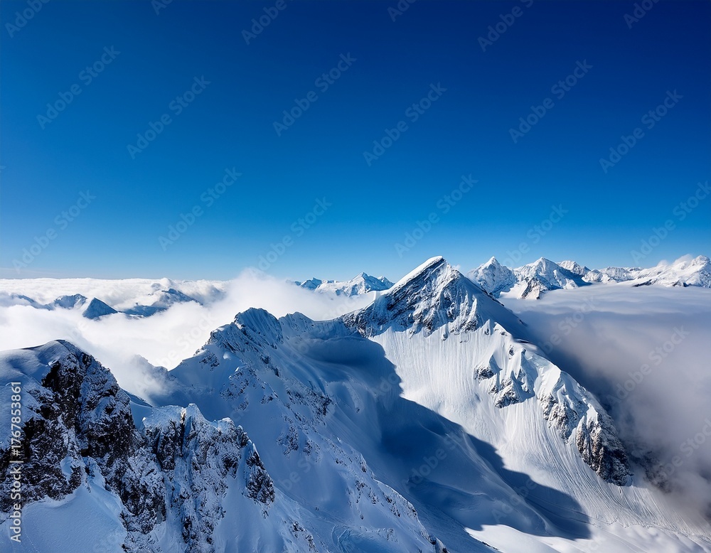 Fototapeta premium majestic snowy mountain peaks rising above clouds under a bright blue sky