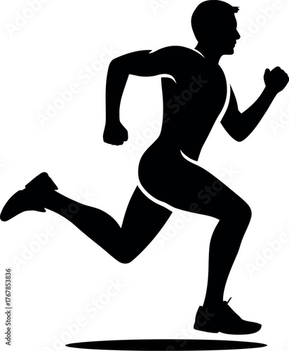 Silhouette of a male runner in motion against a white background